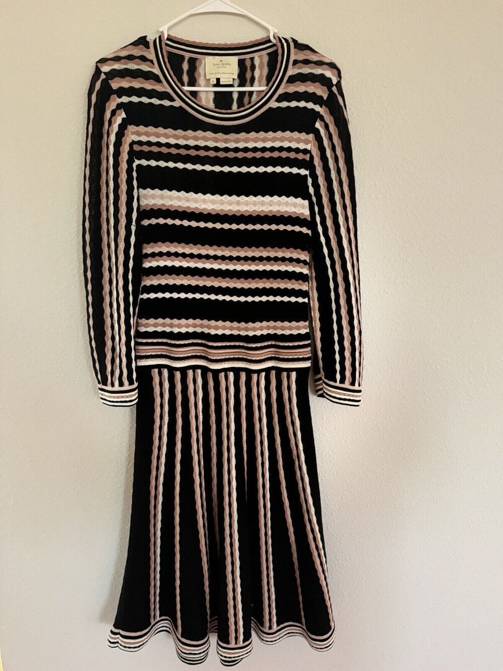 Kate Spade Pink And Black Knit Striped Long Sleeve Fit And Flare Midi Dress SZ M